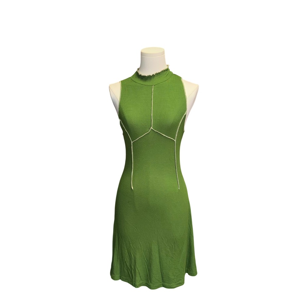 Urban Outfitters Green Ribbed Mock Neck Open Back Mini Dress Med Contrast Seam